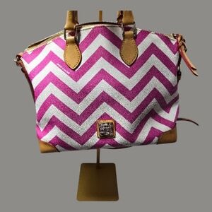 Dooney And Bourke Pink And White Chevron Satchel With Leather Trim